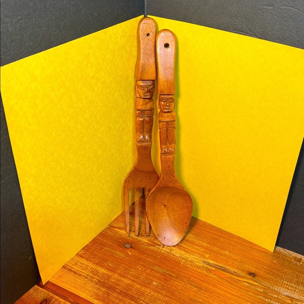 Vintage Handcrafted Wooden Fork and Spoon Serving Set!